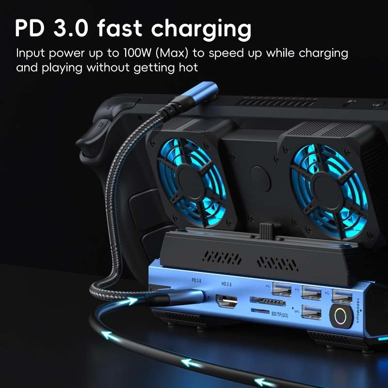 YCE-V279A 9 in 1 USB-C Gaming Dock Station with Detachable Fan(Blue Black)