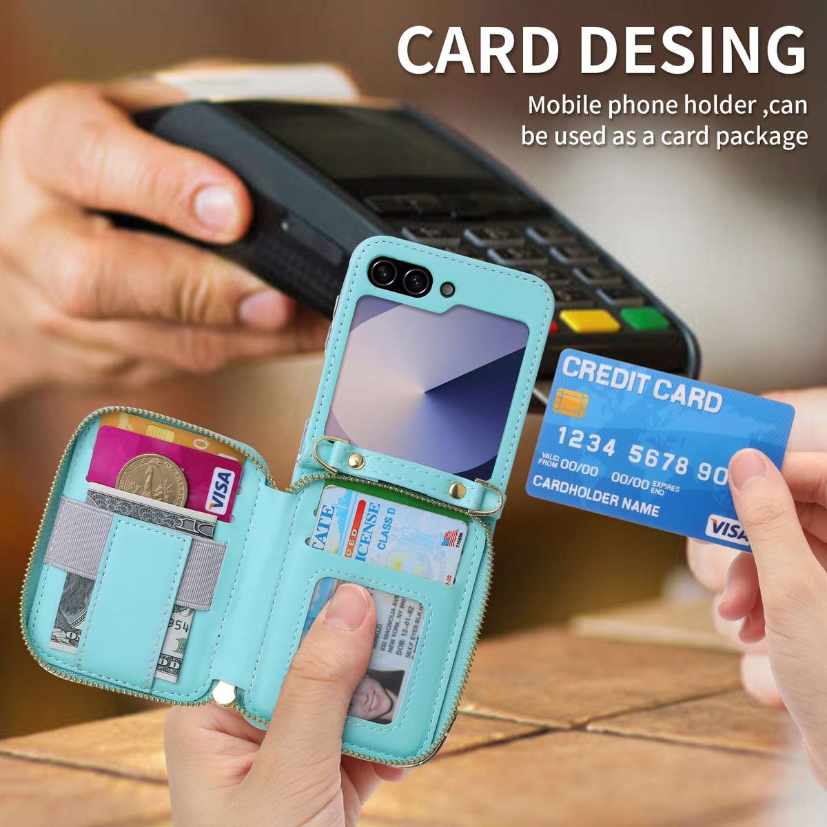 For Samsung Galaxy Z Flip6 POLA Multi-Card Slots Zipper Wallet Phone Case(Blue)