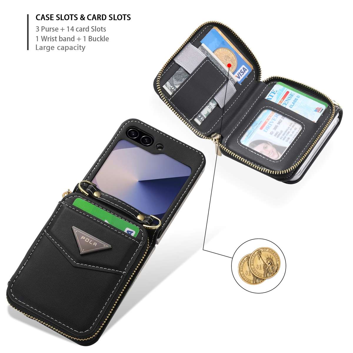 For Samsung Galaxy Z Flip6 POLA Multi-Card Slots Zipper Wallet Phone Case(Black)