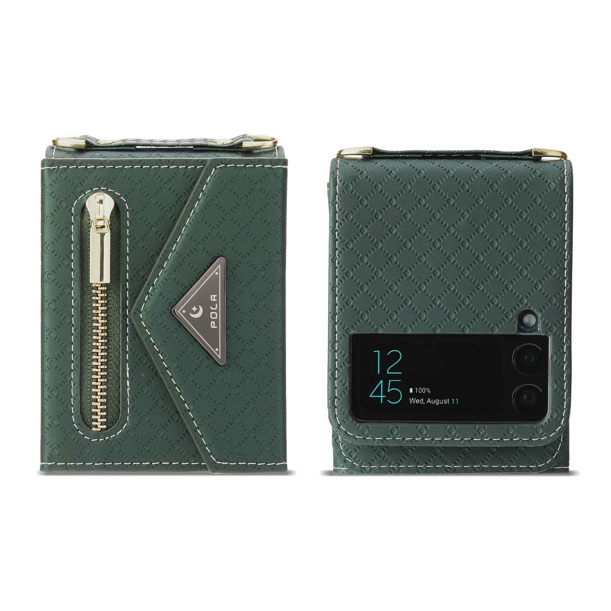 For Samsung Galaxy Z Flip4 POLA Grid Texture Multi-Card Slots Zipper Wallet Phone Case(Green)