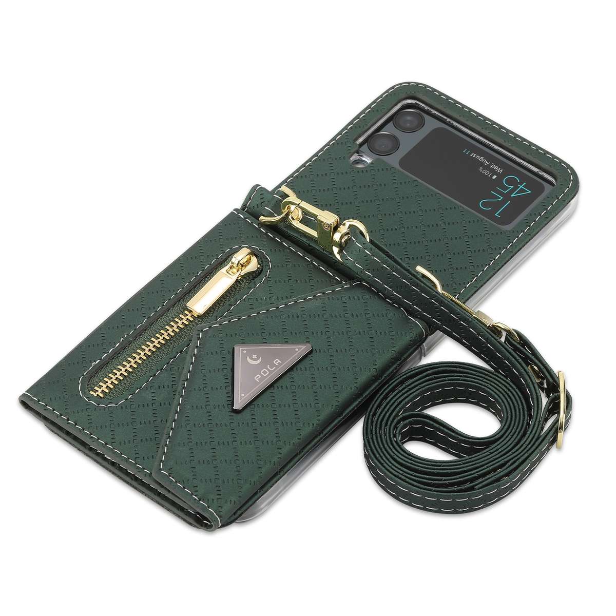 For Samsung Galaxy Z Flip4 POLA Grid Texture Multi-Card Slots Zipper Wallet Phone Case(Green)