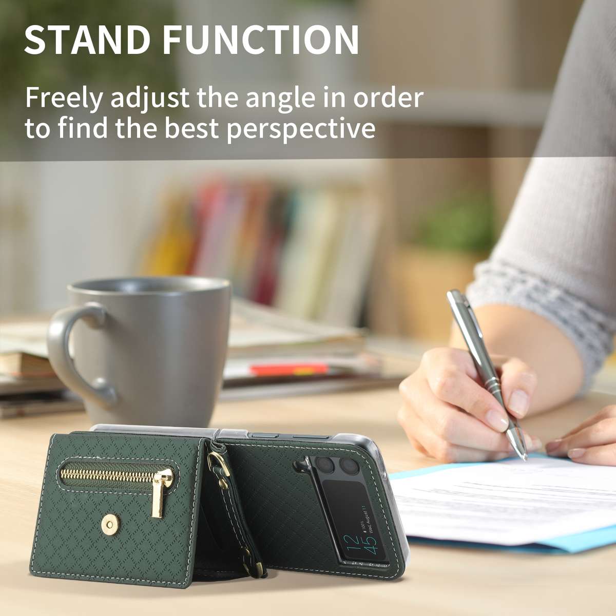 For Samsung Galaxy Z Flip4 POLA Grid Texture Multi-Card Slots Zipper Wallet Phone Case(Green)