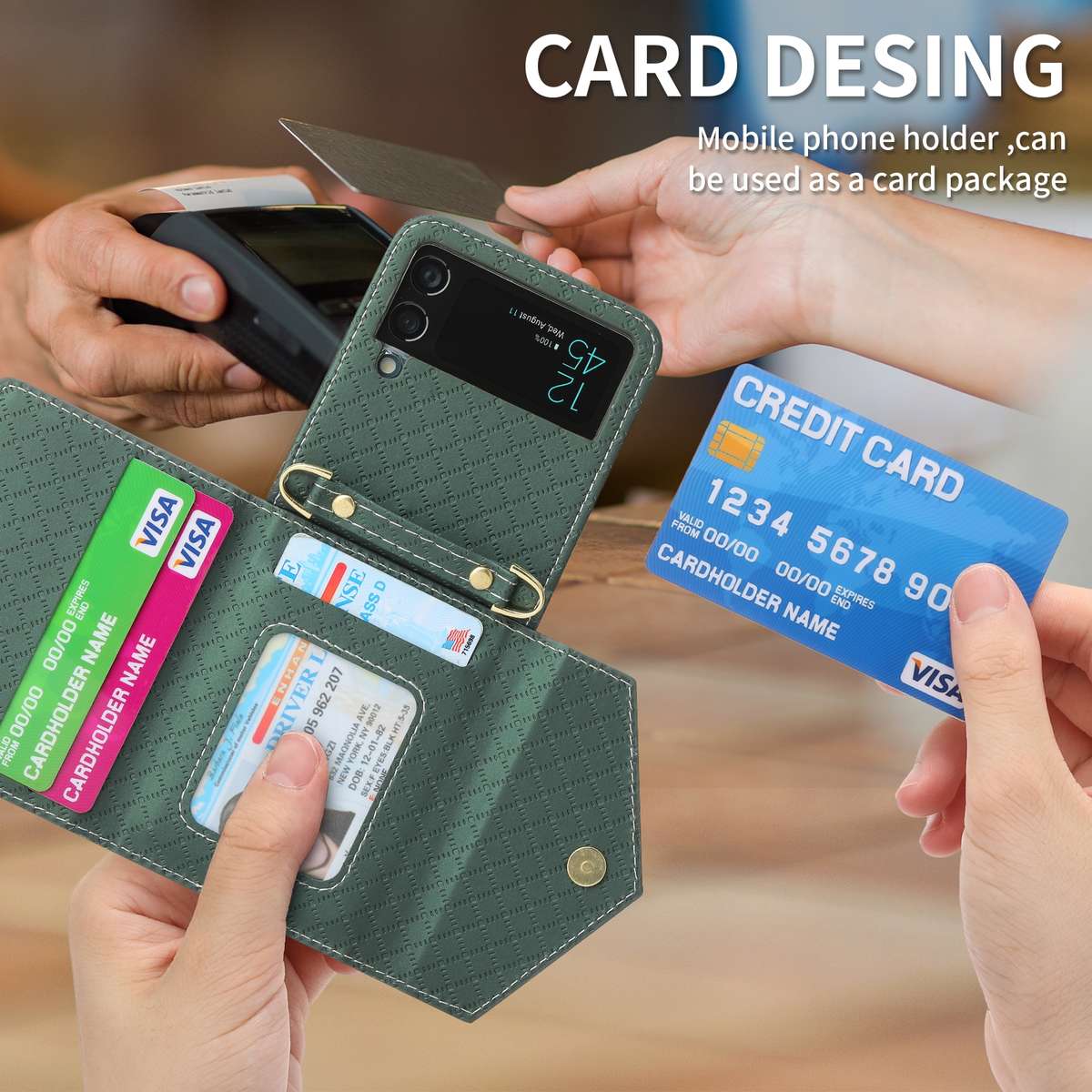 For Samsung Galaxy Z Flip4 POLA Grid Texture Multi-Card Slots Zipper Wallet Phone Case(Green)