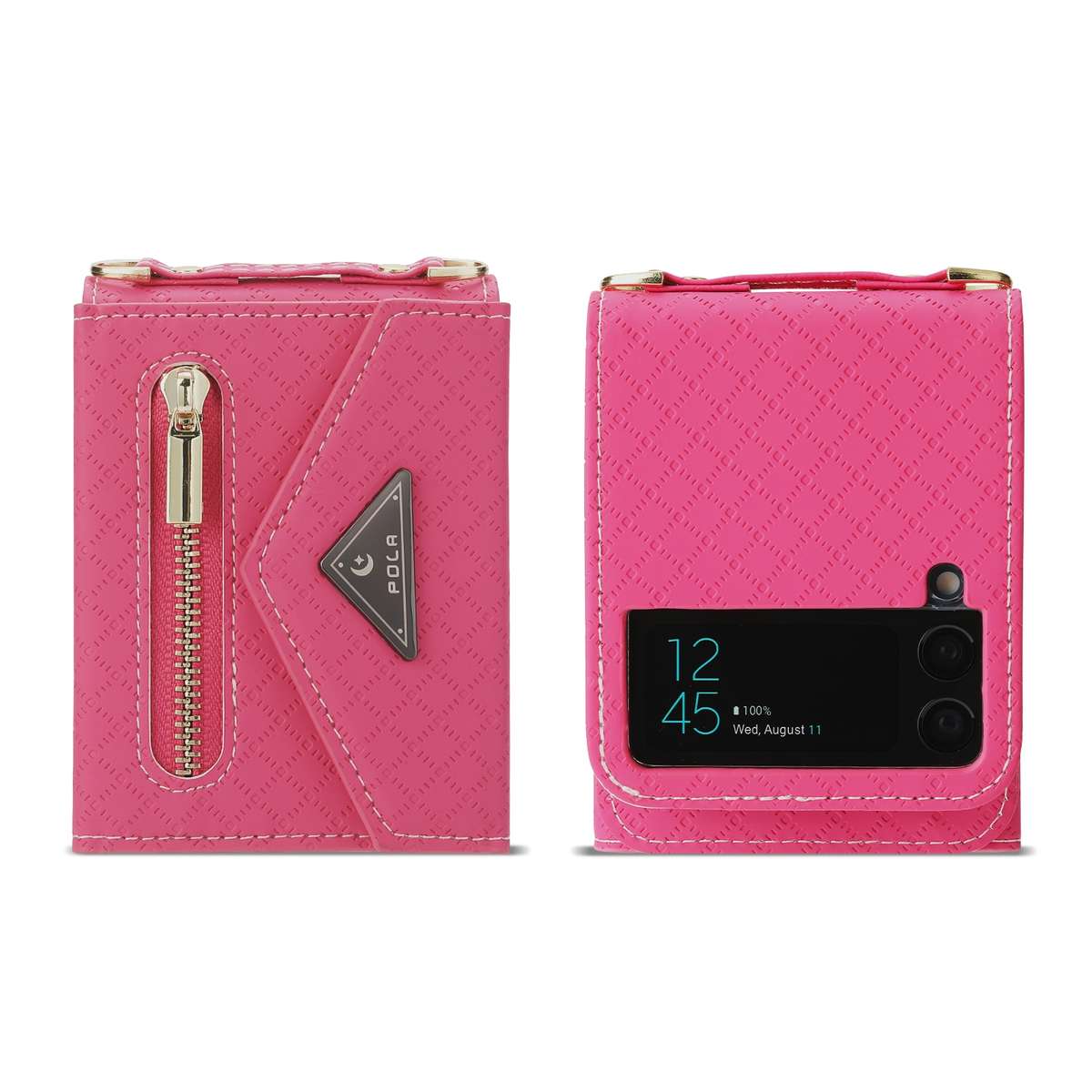 For Samsung Galaxy Z Flip4 POLA Grid Texture Multi-Card Slots Zipper Wallet Phone Case(Rose Red)