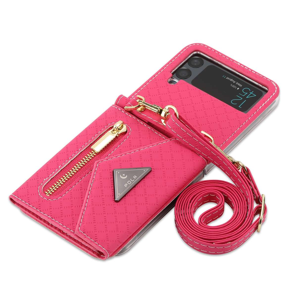 For Samsung Galaxy Z Flip4 POLA Grid Texture Multi-Card Slots Zipper Wallet Phone Case(Rose Red)