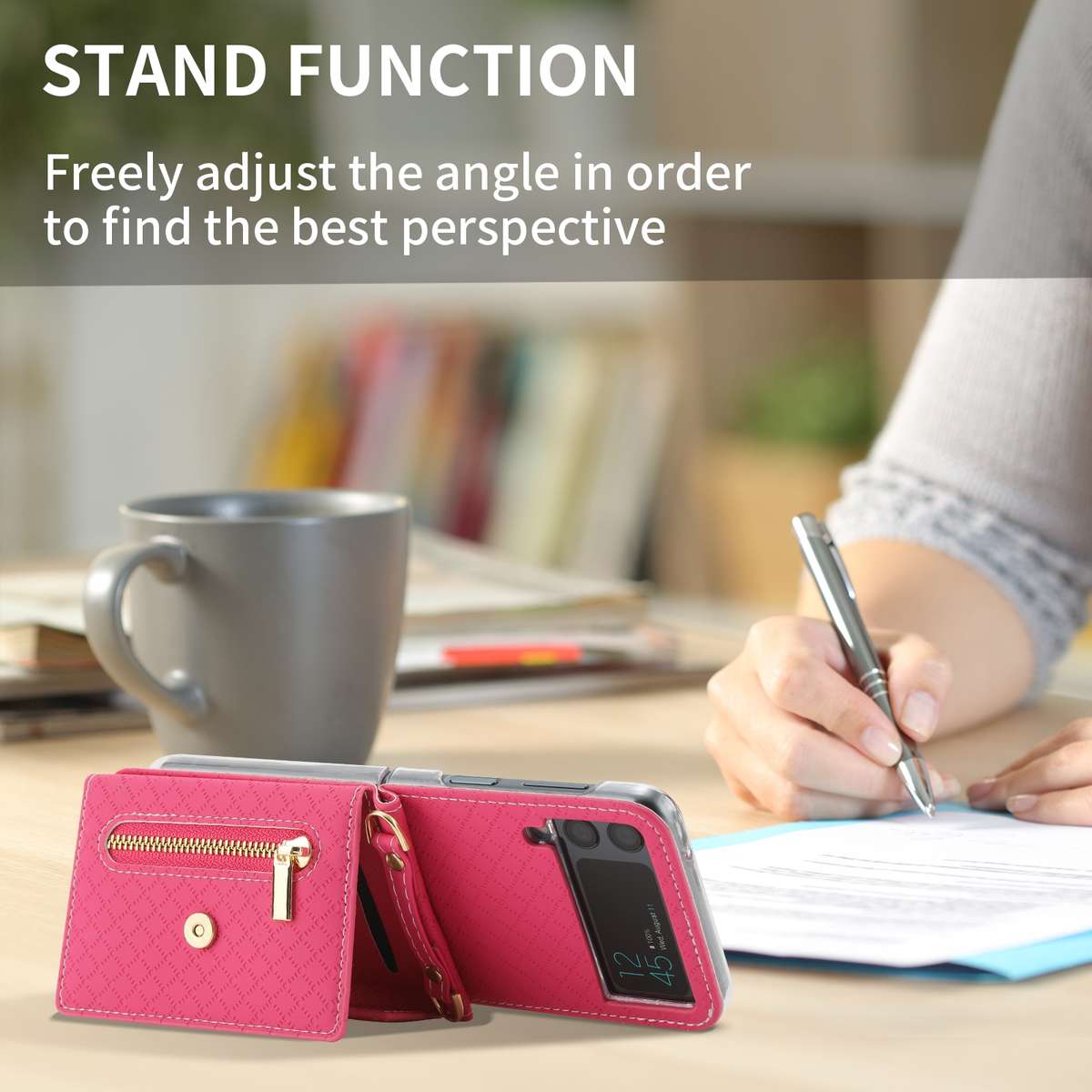 For Samsung Galaxy Z Flip4 POLA Grid Texture Multi-Card Slots Zipper Wallet Phone Case(Rose Red)