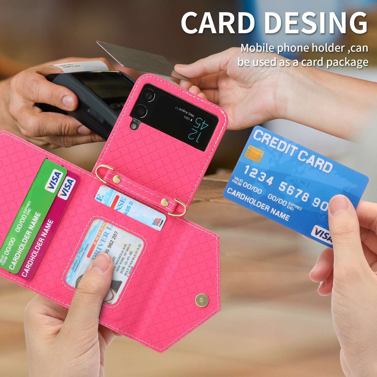 For Samsung Galaxy Z Flip4 POLA Grid Texture Multi-Card Slots Zipper Wallet Phone Case(Rose Red)