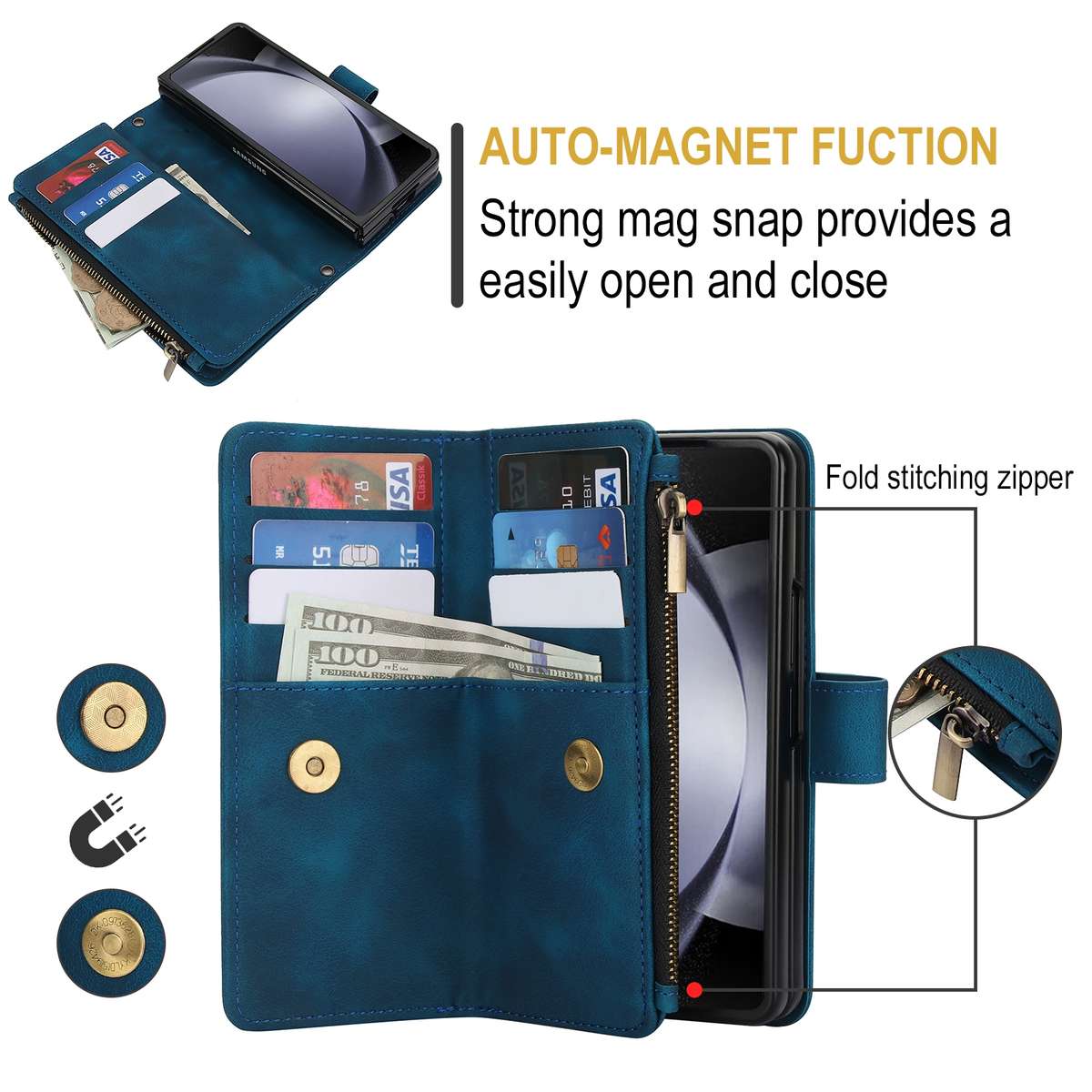 For Samsung Galaxy Z Fold4 5G Dream 9-Card Zipper Wallet RFID Leather Phone Case with L ... (Blue)
