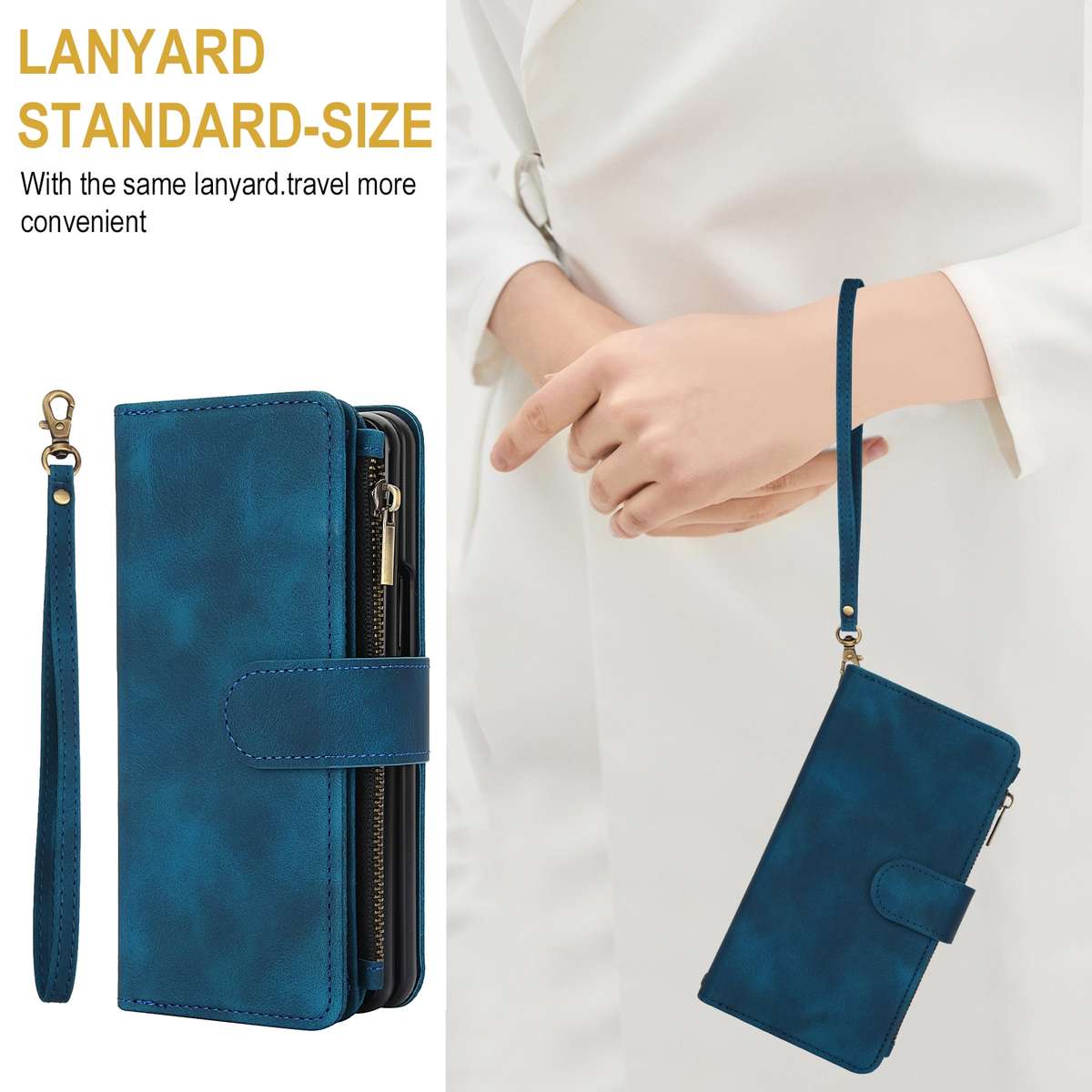 For Samsung Galaxy Z Fold4 5G Dream 9-Card Zipper Wallet RFID Leather Phone Case with L ... (Blue)
