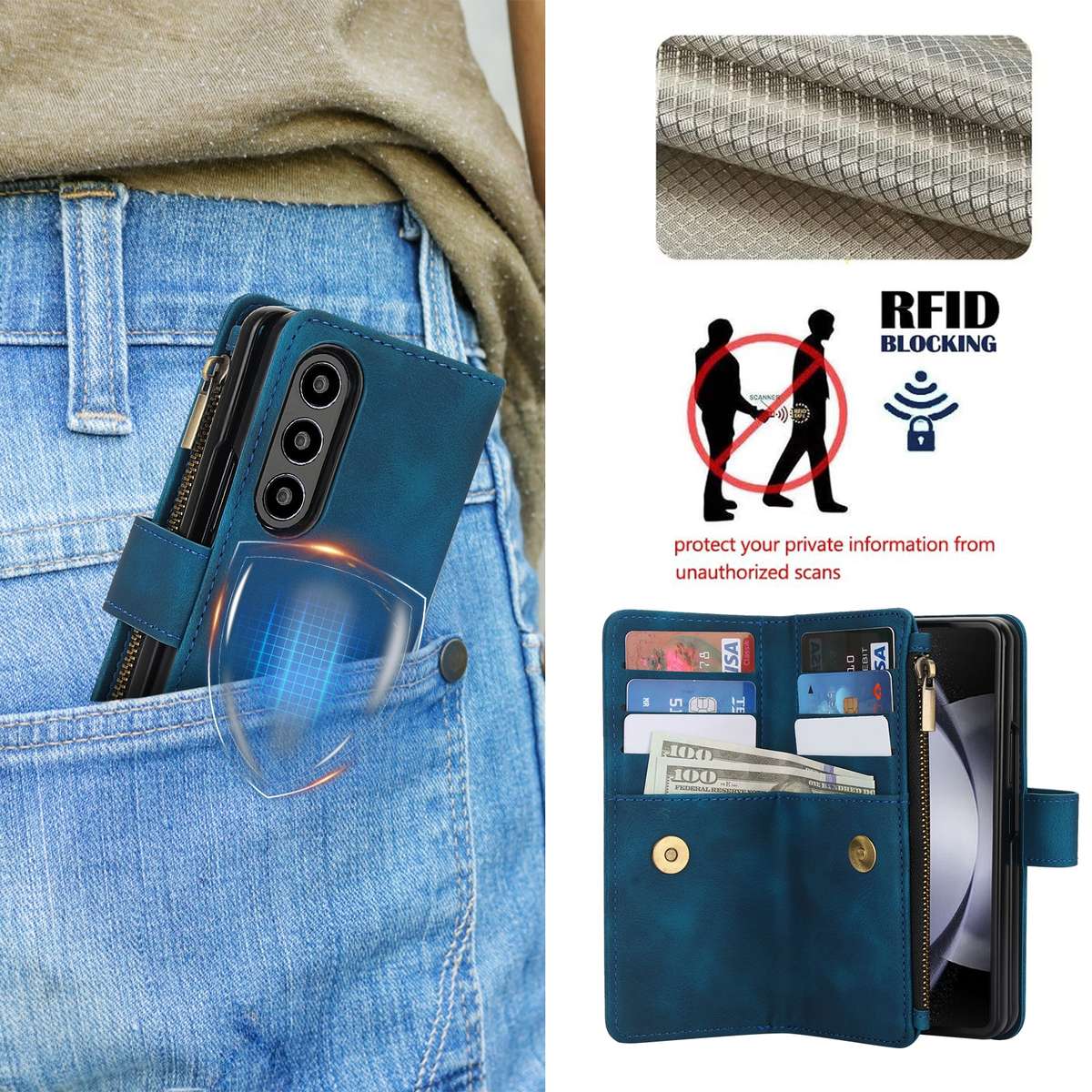 For Samsung Galaxy Z Fold4 5G Dream 9-Card Zipper Wallet RFID Leather Phone Case with L ... (Blue)