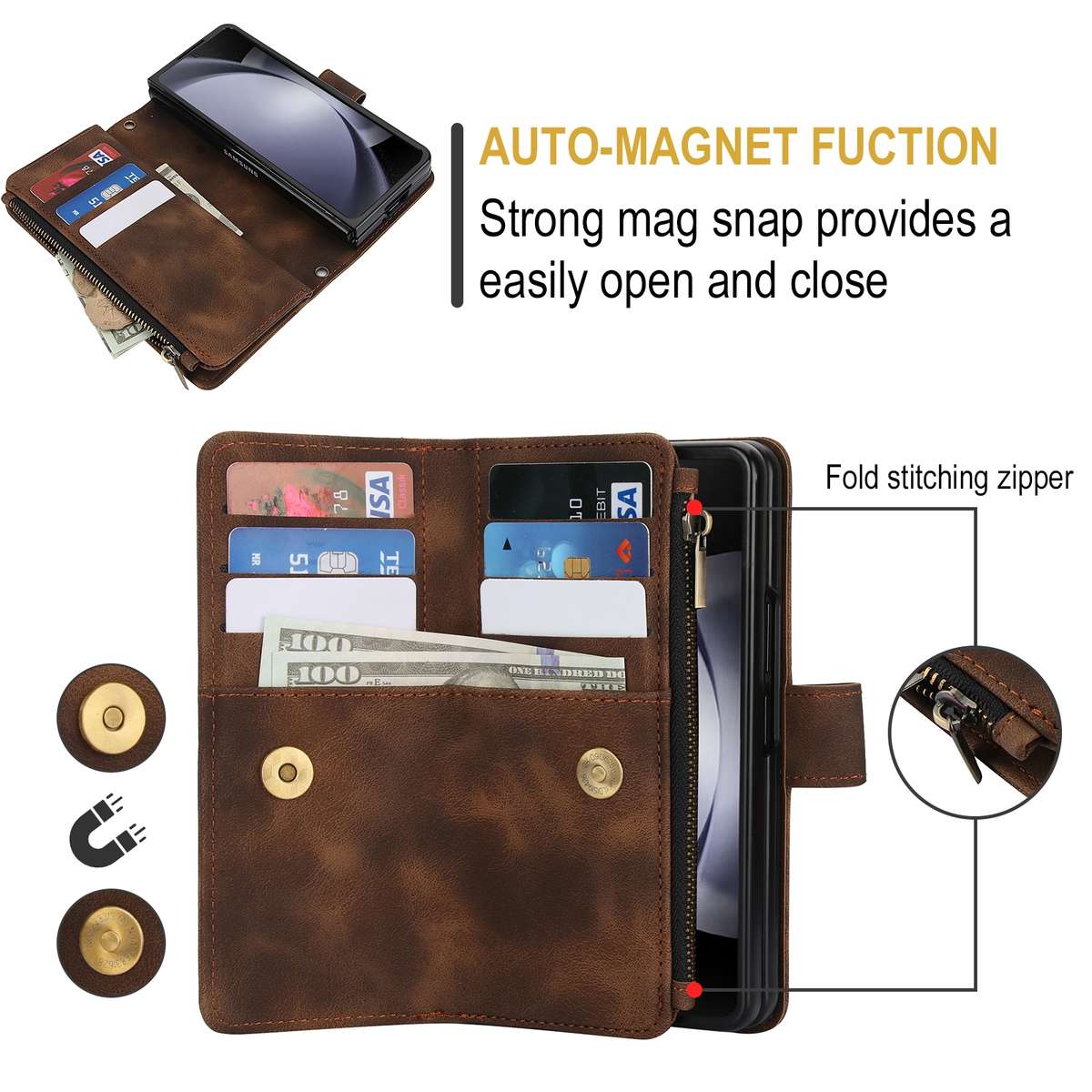 For Samsung Galaxy Z Fold4 5G Dream 9-Card Zipper Wallet RFID Leather Phone Case with ... (Brown)