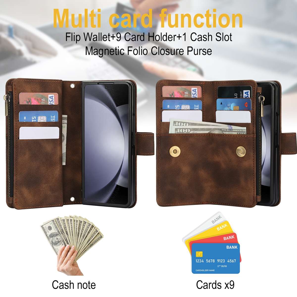 For Samsung Galaxy Z Fold4 5G Dream 9-Card Zipper Wallet RFID Leather Phone Case with ... (Brown)