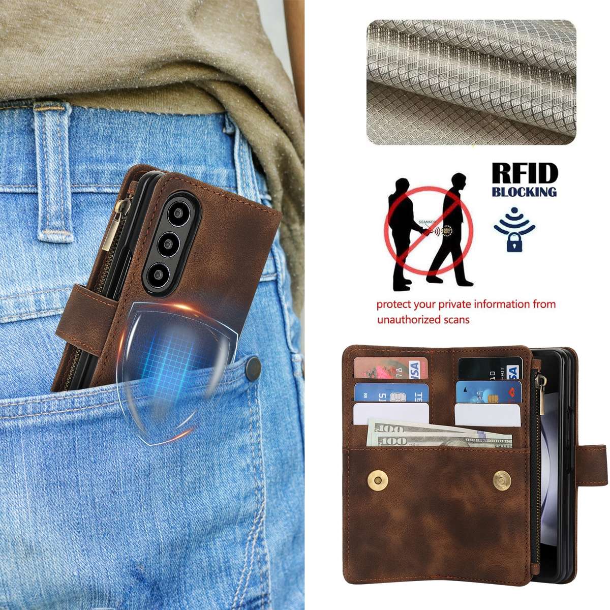 For Samsung Galaxy Z Fold4 5G Dream 9-Card Zipper Wallet RFID Leather Phone Case with ... (Brown)