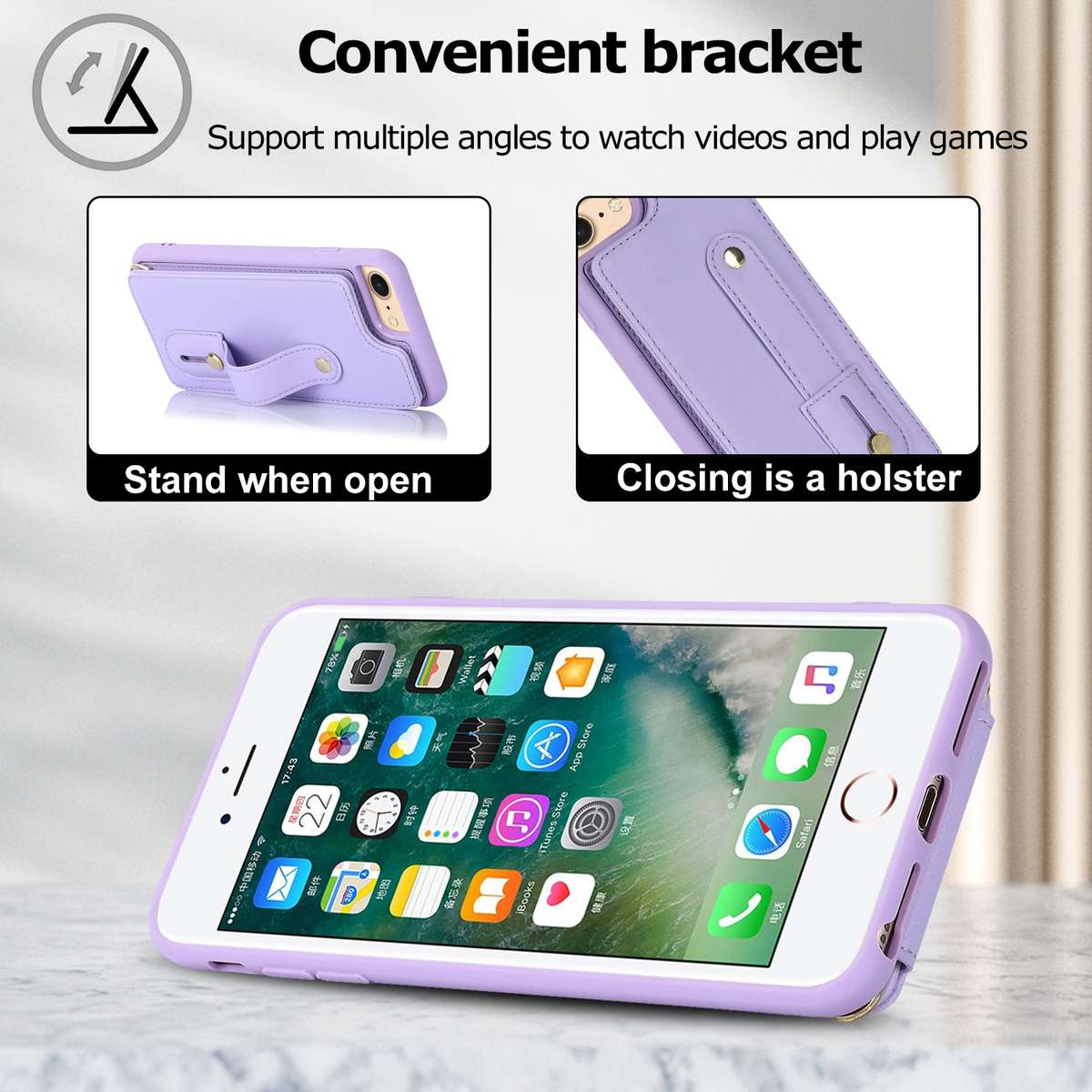 For iPhone SE 2022 / 2020 / 8 Wristband Vertical Flip Wallet Back Cover Phone Case wi ... (Purple)