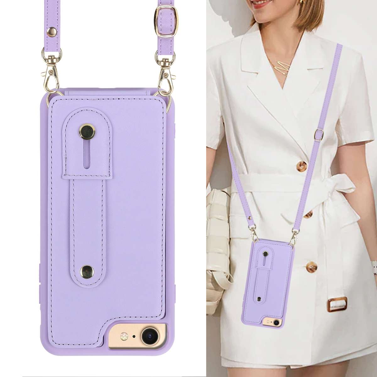 For iPhone SE 2022 / 2020 / 8 Wristband Vertical Flip Wallet Back Cover Phone Case wi ... (Purple)