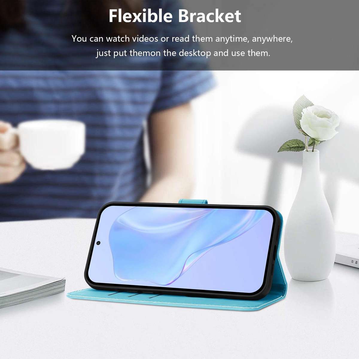 For T-Mobile Revvl 8 Skin Feel Solid Color Leather Phone Case with Lanyard(Sky Blue)