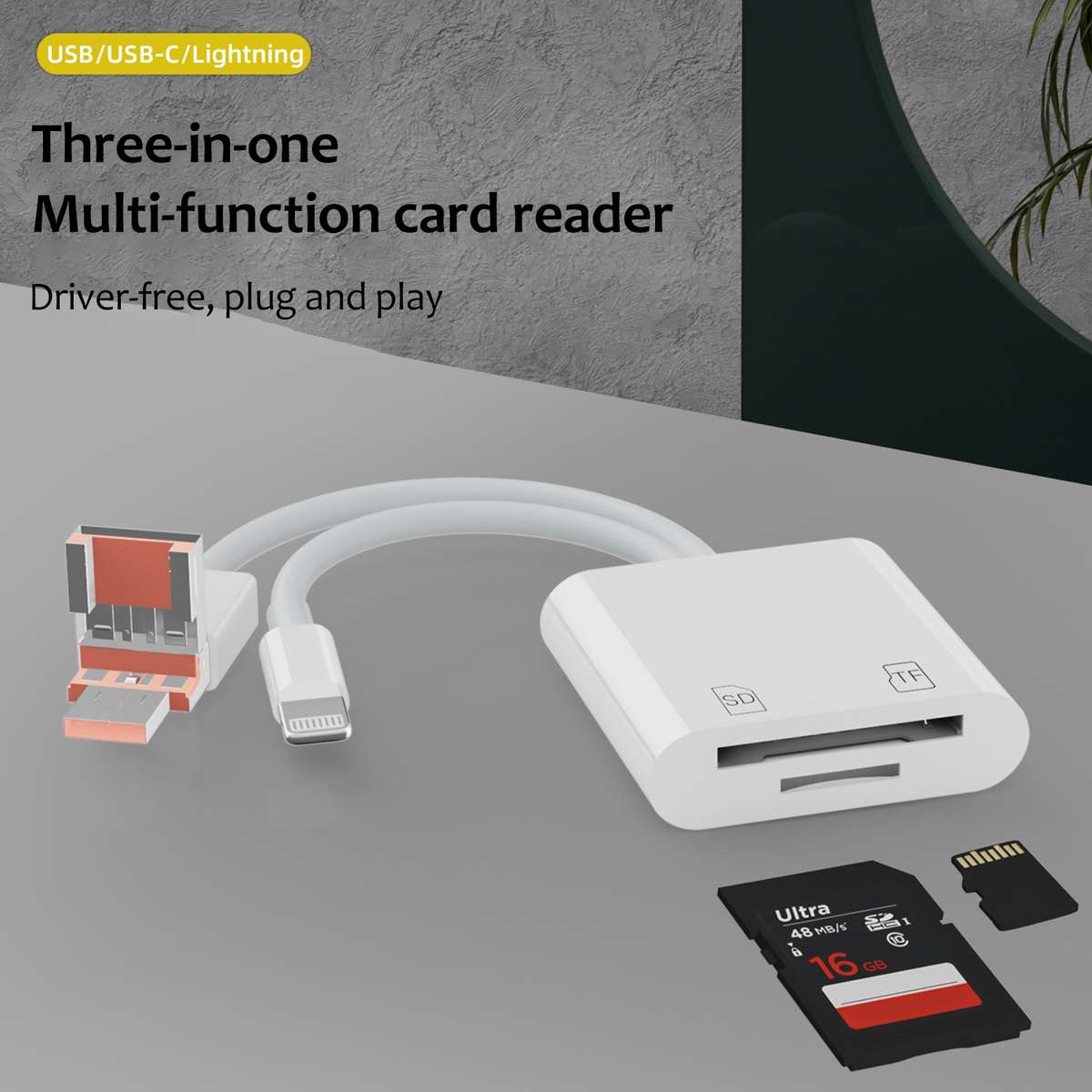 NK-101Y TL Pro USB-C / Type-C, 8 Pin, USB to TF, SD Card Slot Multi-function Card Reader(White)