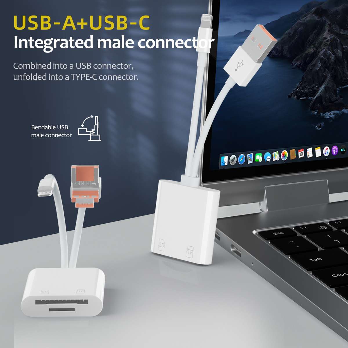 NK-101Y TL Pro USB-C / Type-C, 8 Pin, USB to TF, SD Card Slot Multi-function Card Reader(White)