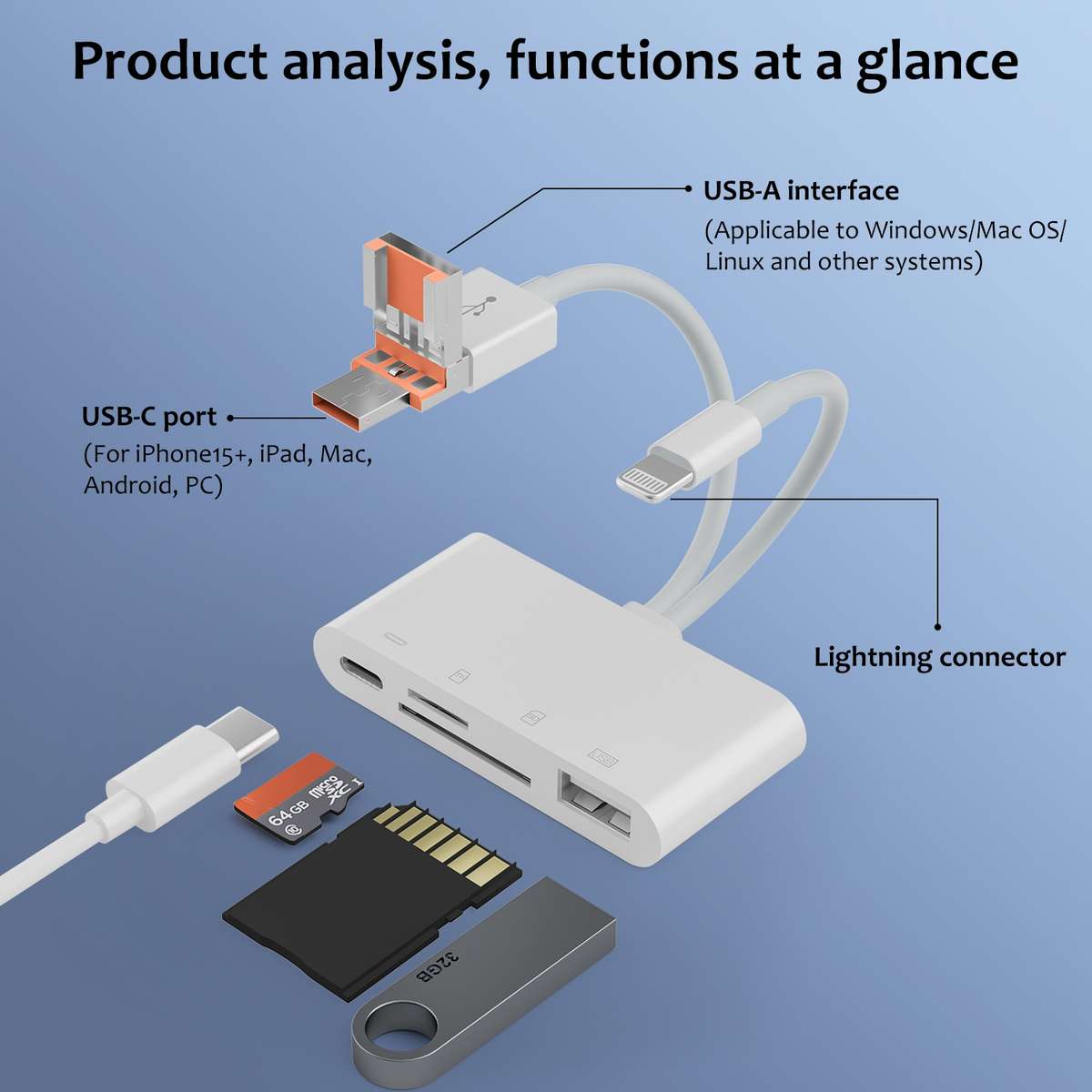 NK-108TL Pro USB-C / Type-C, 8 Pin, USB to USB-C / Type-C, USB, TF, SD Card Multi-func ... (White)