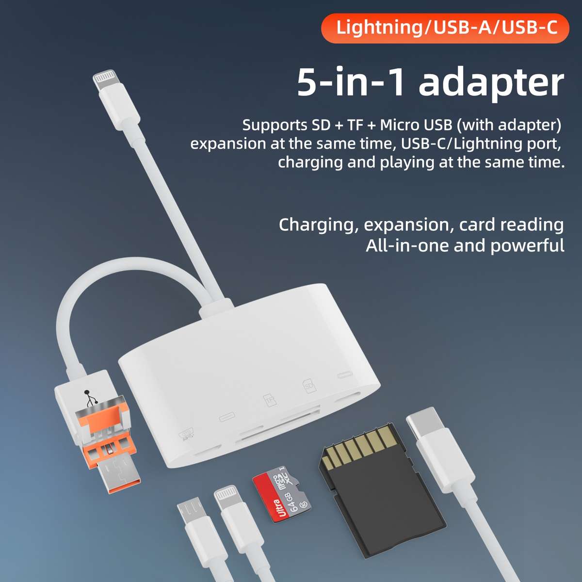 NK-1040TL Pro USB-C / Type-C, 8 Pin, USB to USB-C / Type-C, 8 Pin, Micro USB, TF, SD C ... (White)