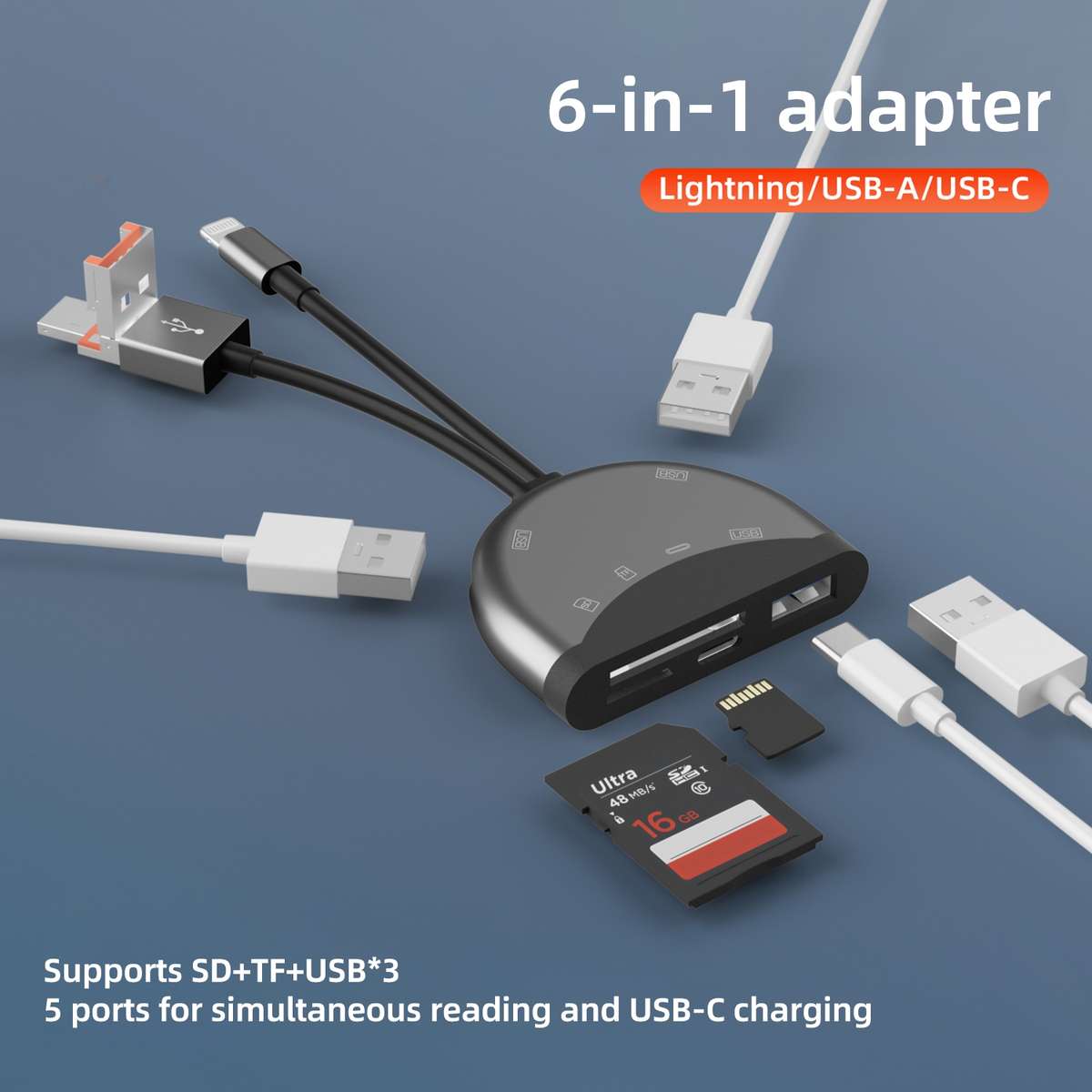 NK-1052TL Pro USB-C / Type-C, 8 Pin, USB to USB-C / Type-C, 3 x USB, TF / SD Card ... (Dark Grey)