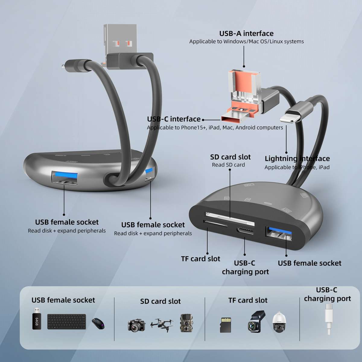 NK-1052TL Pro USB-C / Type-C, 8 Pin, USB to USB-C / Type-C, 3 x USB, TF / SD Card ... (Dark Grey)