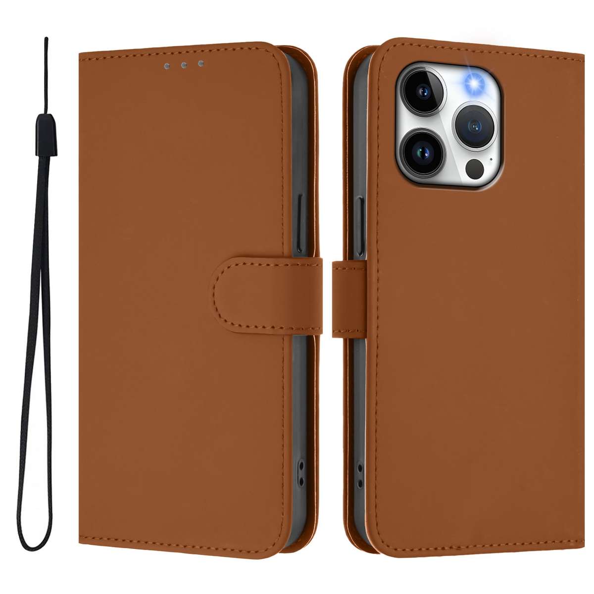 For iPhone 13 Pro Skin Feel Solid Color Leather Phone Case with Lanyard(Brown)
