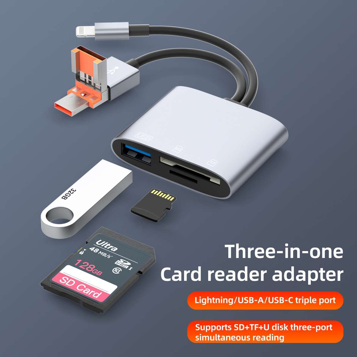 NK-3041TL Pro USB-C / Type-C, 8 Pin, USB to USB, TF / SD Card Multi-function Car ... (Silver Grey)