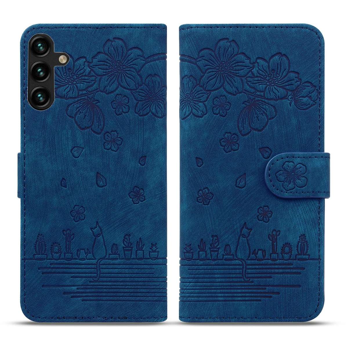 For Samsung Galaxy S24 5G Cartoon Sakura Cat Embossed Leather Phone Case(Royal Blue)