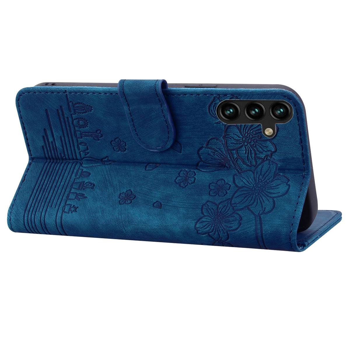 For Samsung Galaxy S24 5G Cartoon Sakura Cat Embossed Leather Phone Case(Royal Blue)