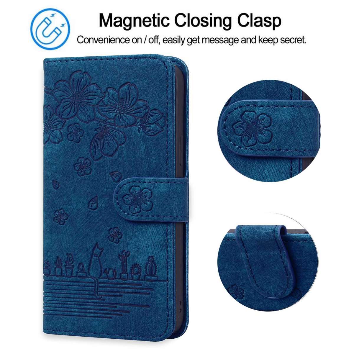 For Samsung Galaxy S24 5G Cartoon Sakura Cat Embossed Leather Phone Case(Royal Blue)