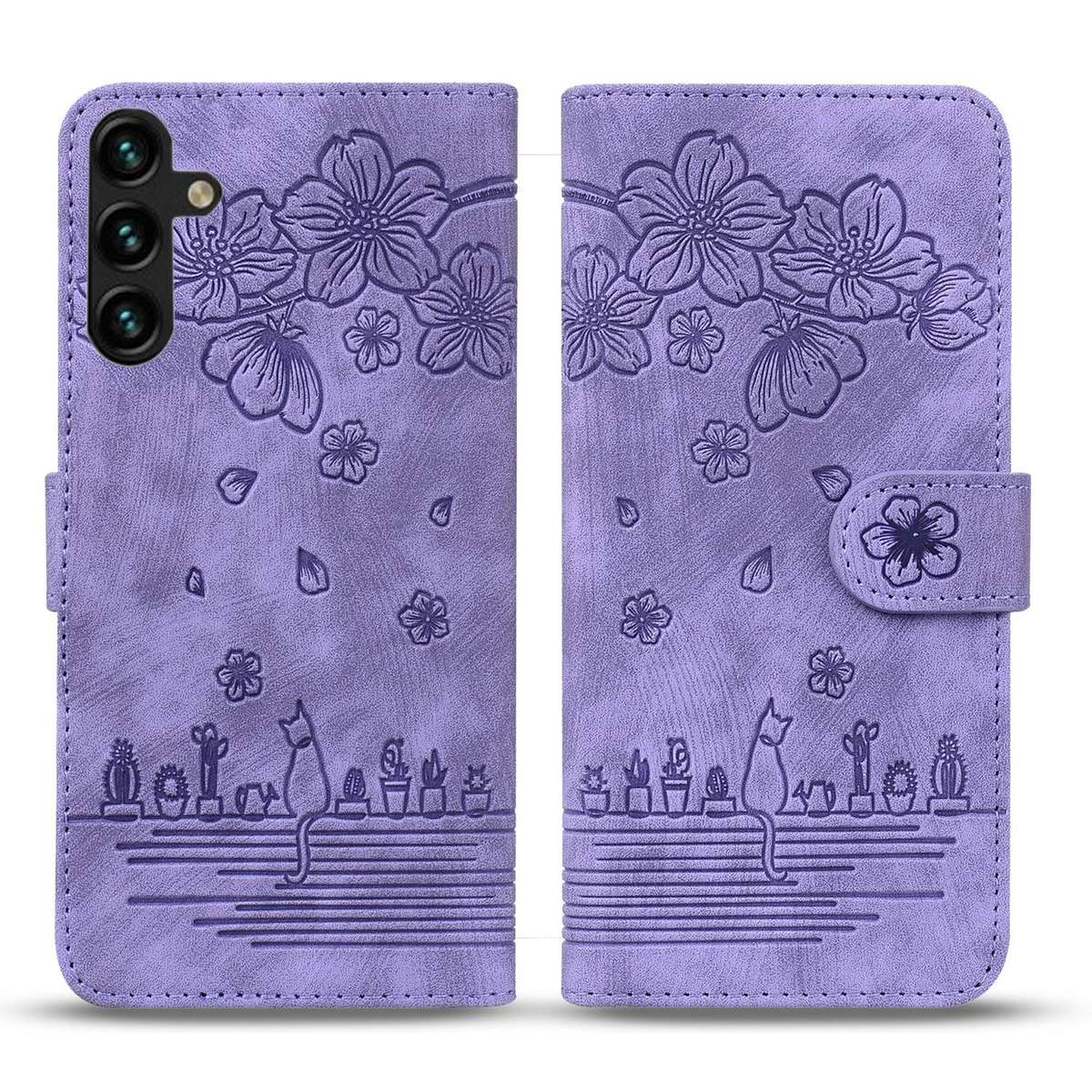 For Samsung Galaxy S24 5G Cartoon Sakura Cat Embossed Leather Phone Case(Purple)
