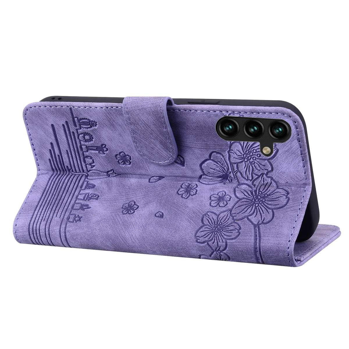 For Samsung Galaxy S24 5G Cartoon Sakura Cat Embossed Leather Phone Case(Purple)