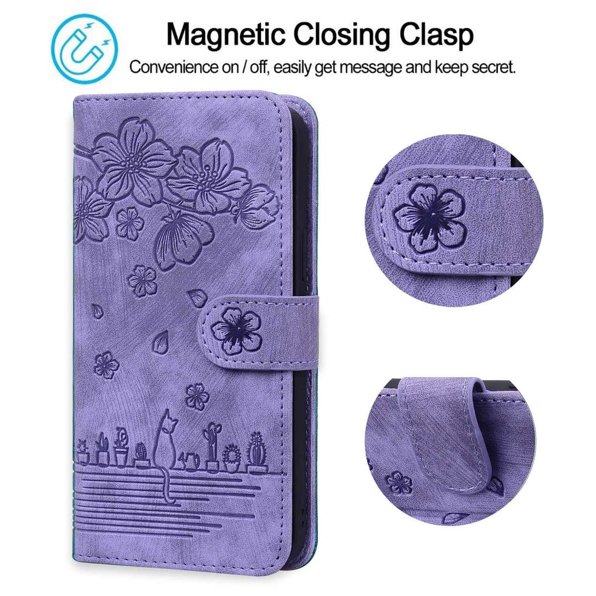 For Samsung Galaxy S24 5G Cartoon Sakura Cat Embossed Leather Phone Case(Purple)