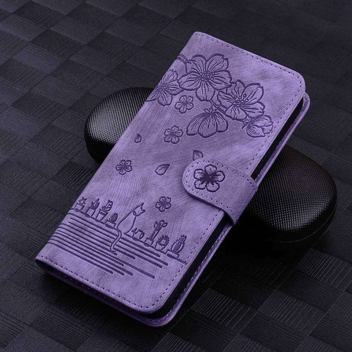 For Samsung Galaxy S24 5G Cartoon Sakura Cat Embossed Leather Phone Case(Purple)