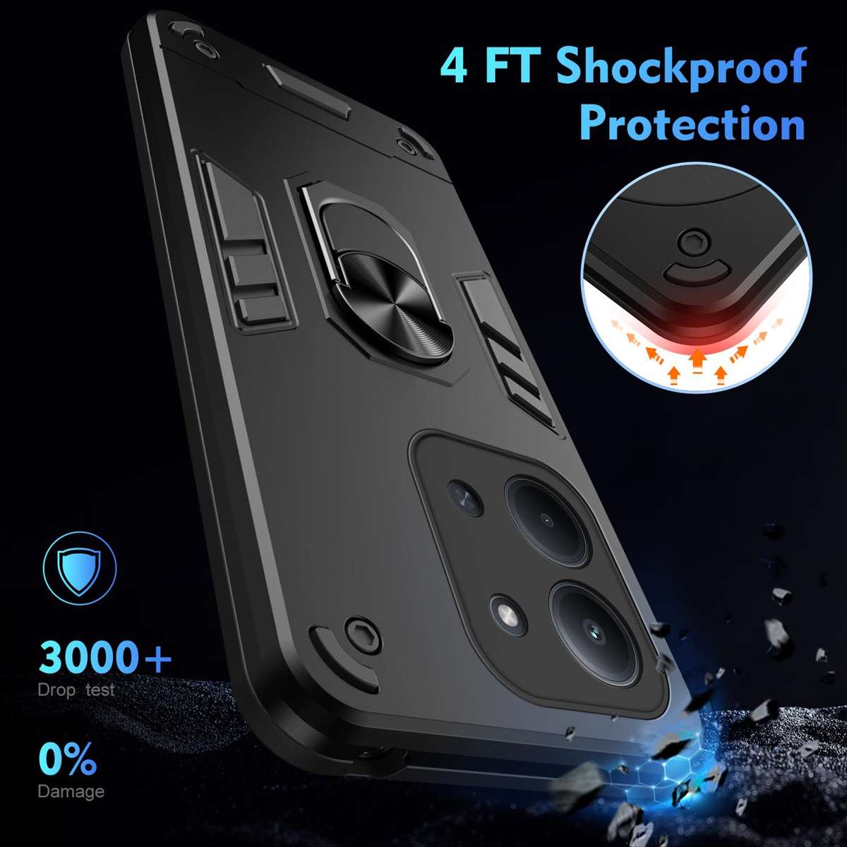 For Redmi 15C 5G / 4G Global 171mm / Poco C85 4G Shockproof Metal Ring Holder Phone Case(Black)