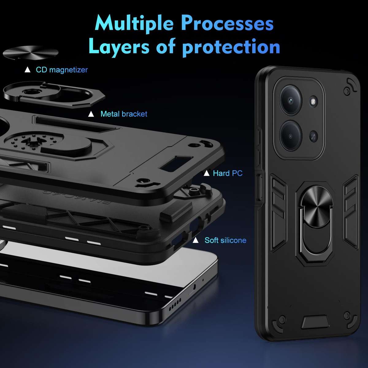 For Redmi 15C 5G / 4G Global 171mm / Poco C85 4G Shockproof Metal Ring Holder Phone Case(Black)