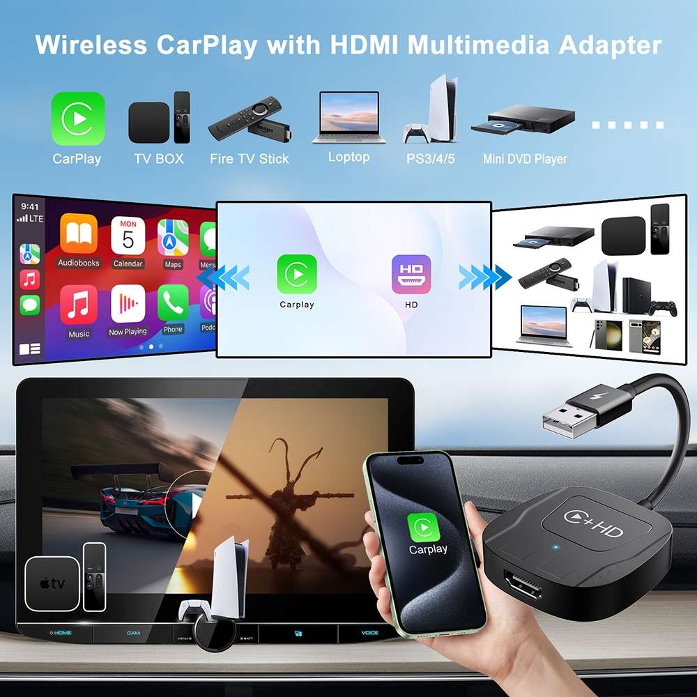 USB and HDMI Wired to Wireless CarPlay Auto Adapter, Specification:Square(Black)