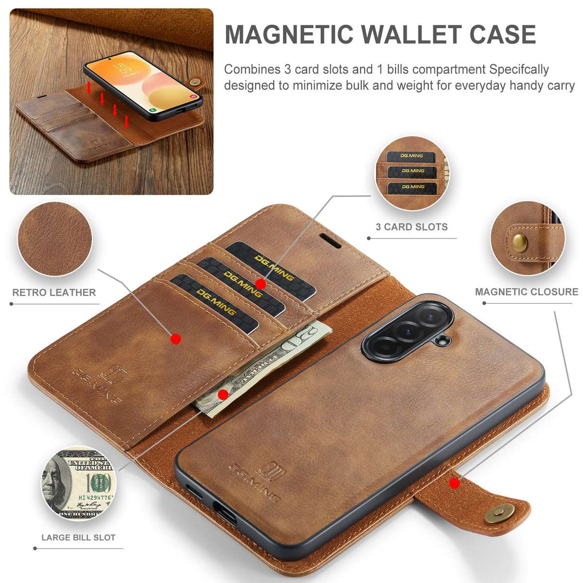 For Samsung Galaxy A57 5G DG.MING Crazy Horse Texture Detachable Magnetic Leather Case(Brown)