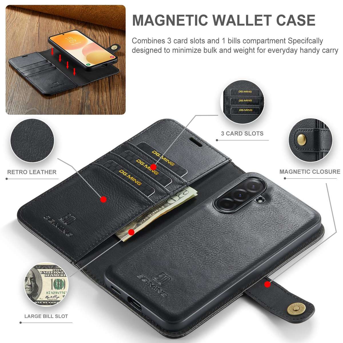 For Samsung Galaxy A57 5G DG.MING Crazy Horse Texture Detachable Magnetic Leather Case(Black)