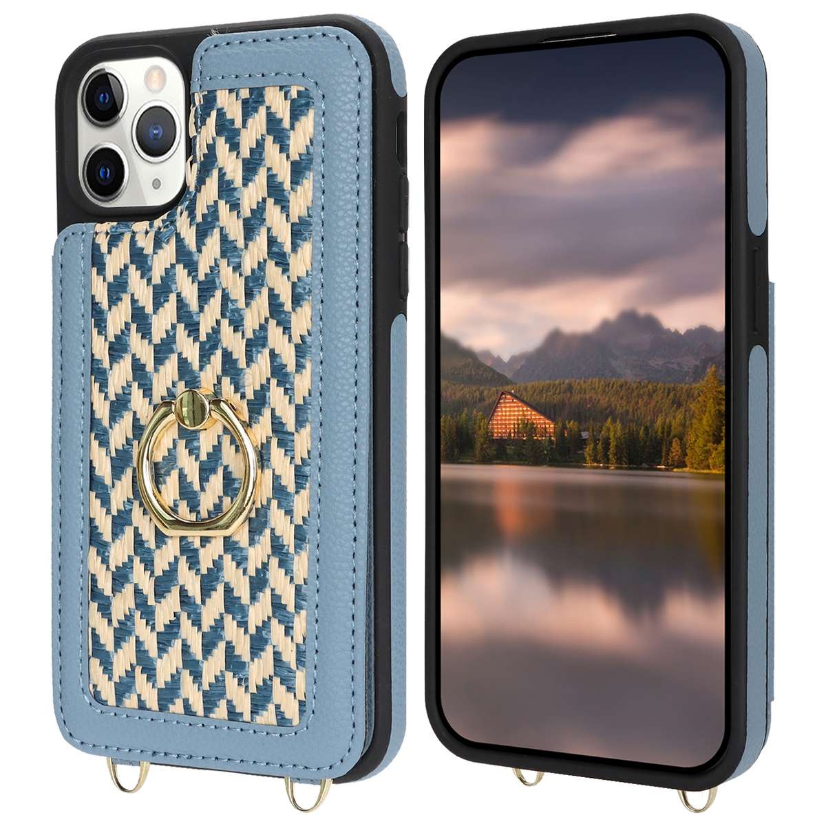 For iPhone 11 Pro Max Double Bckle Card Slot Full Coverage Phone Case with Cross-body Strap(Black)