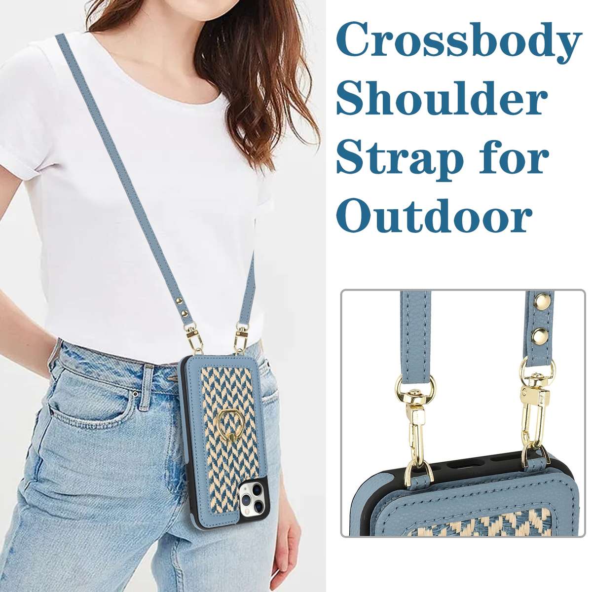 For iPhone 11 Pro Max Double Bckle Card Slot Full Coverage Phone Case with Cross-body Strap(Black)