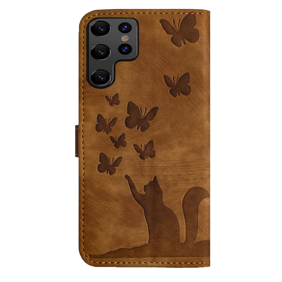 For Samsung Galaxy S25 Ultra 5G Butterfly Cat Embossing Flip Leather Phone Case(Brown)