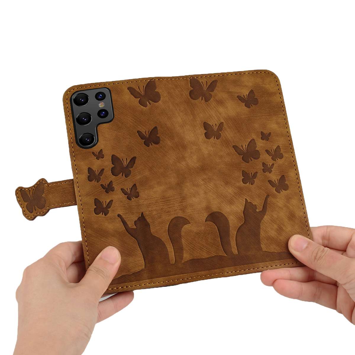 For Samsung Galaxy S25 Ultra 5G Butterfly Cat Embossing Flip Leather Phone Case(Brown)