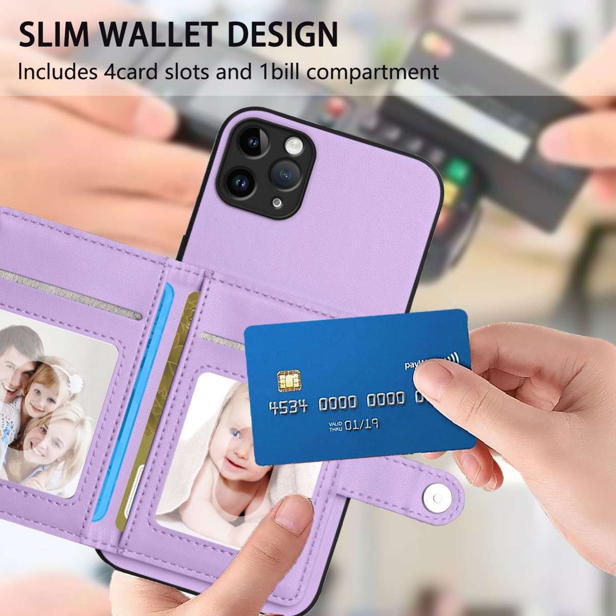 For iPhone 11 Pro Max Button Card Bag RFID Anti-theft Phone Case(Purple)
