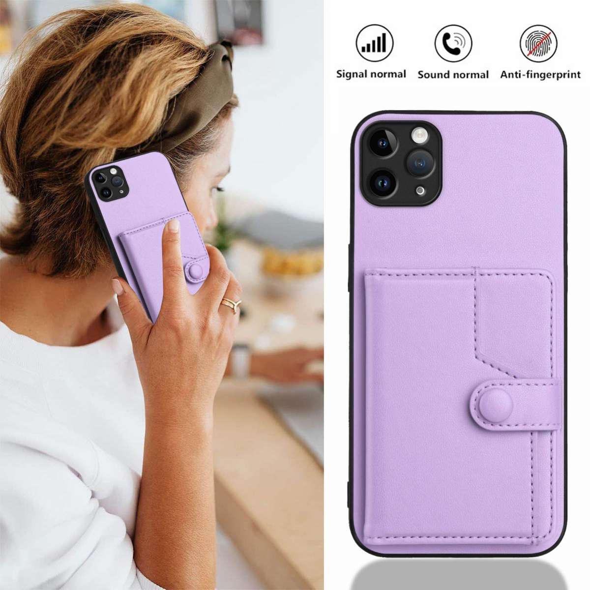 For iPhone 11 Pro Max Button Card Bag RFID Anti-theft Phone Case(Purple)