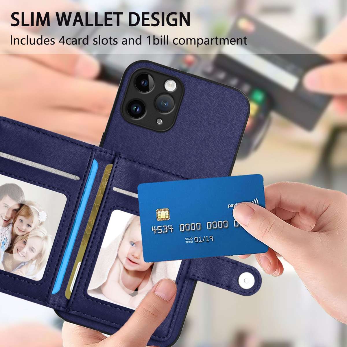For iPhone 11 Pro Button Card Bag RFID Anti-theft Phone Case(Blue)