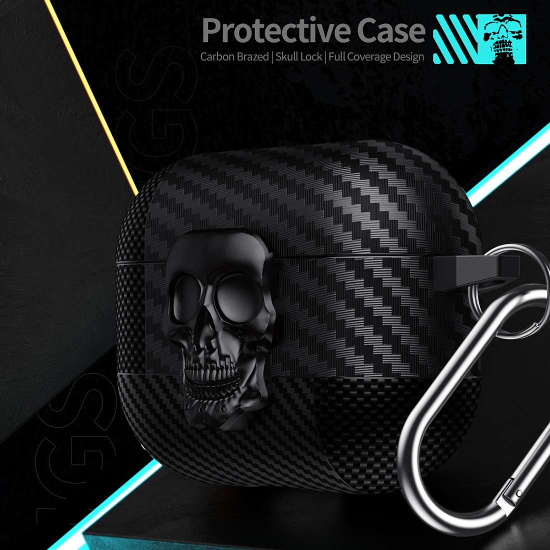 For AirPods Pro 2 Carbon Fiber Pattern Skull Lock Bluetooth Earphone Protective Case(Copper)