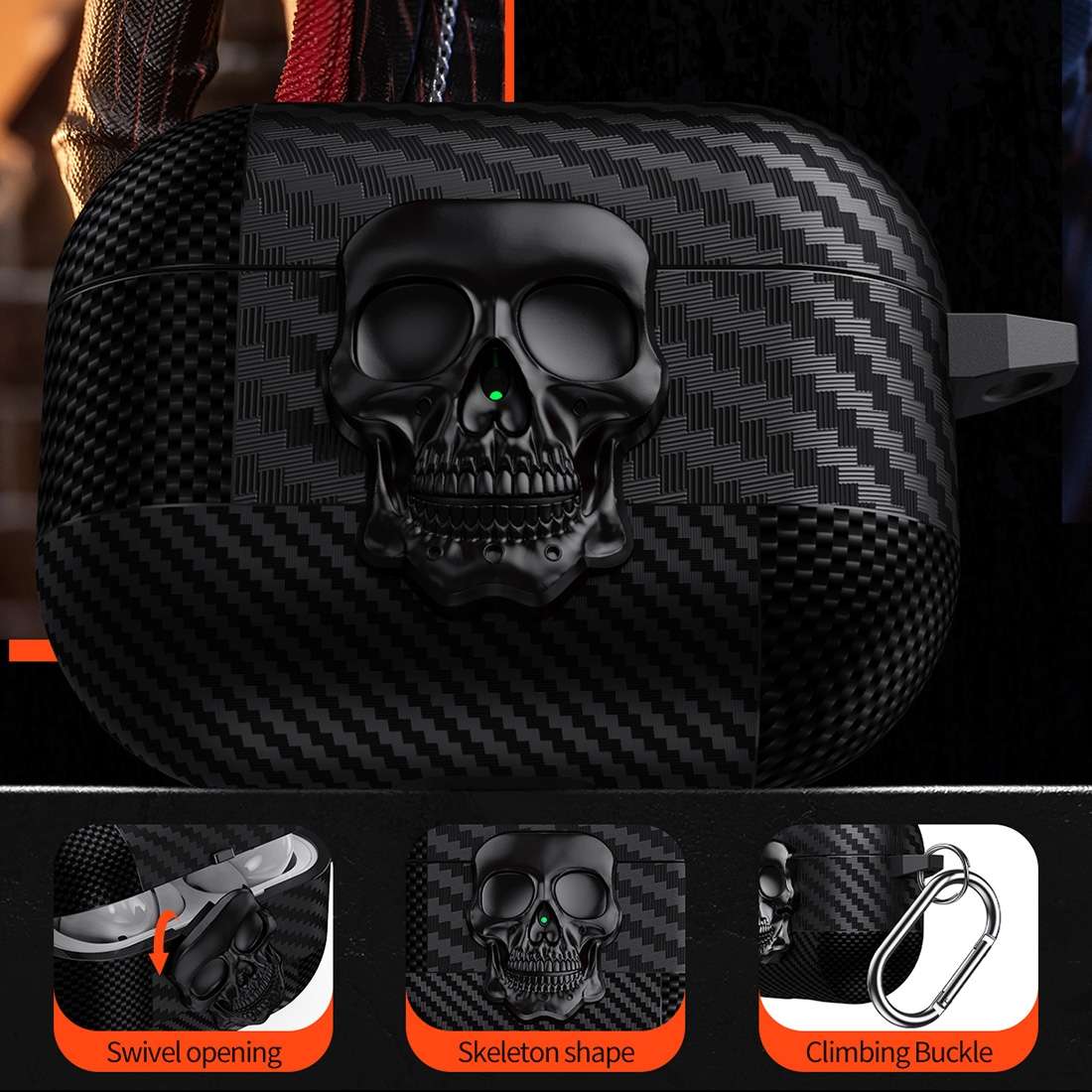 For AirPods Pro 2 Carbon Fiber Pattern Skull Lock Bluetooth Earphone Protective Case(Copper)