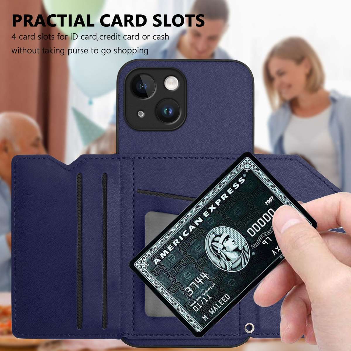 For iPhone 14 Skin Feel Four Card Slots Phone Case with Wrist Strap(Blue)